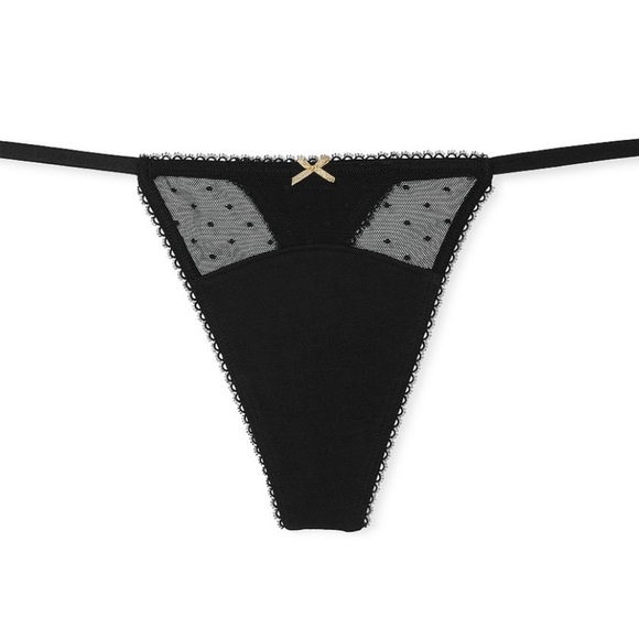 2/25$ Victoria’s Secret Dot Mesh V-String Panty Black Stretch Cotton NWT Size M - Picture 1 of 3